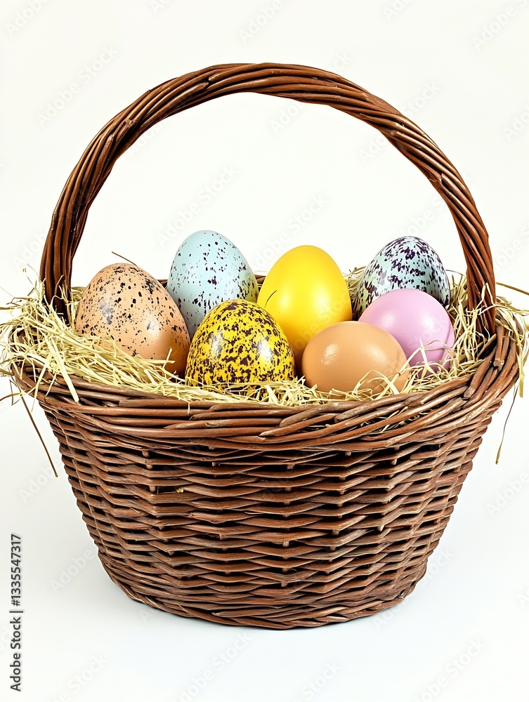 Aufkleber easter basket filled with beautifully decorated eggs in a rustic setting on a white background : gen