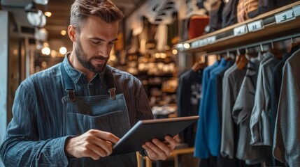 Fototapeta premium A man looking at a tablet in a clothing store