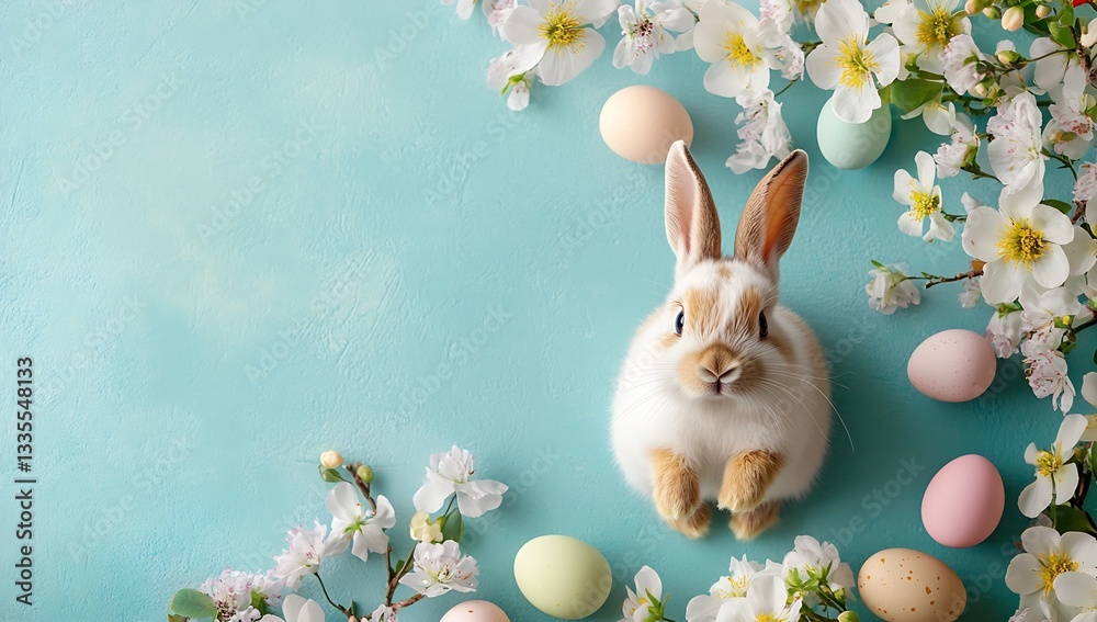 Aufkleber Charming fluffy bunny surrounded by Easter eggs and flowers on a pastel colored background creating a festive spring scene : Generative AI