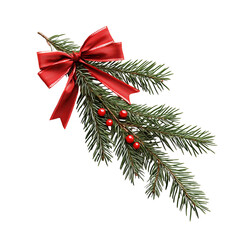 Festive christmas fir branch with red bow and berries isolated on transparent  background png