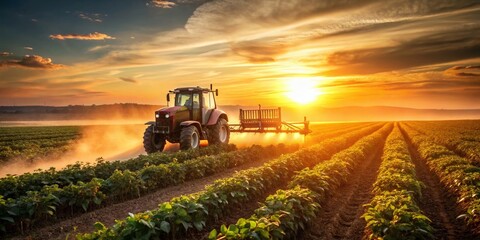 Fototapeta premium Vintage Sunset Soybean Field Tractor Spraying - Agricultural Imagery