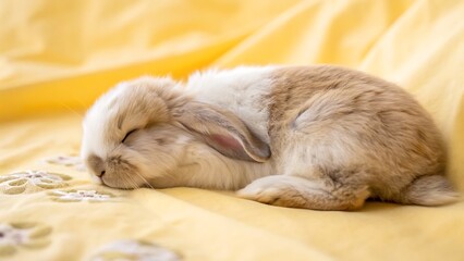 Obraz premium A Peaceful Bunny Curled Up For A Nap On A Soft Yellow Blanket, Its Fluffy Fur And Gentle Expression Capturing A Moment Of Pure Serenity In Warm, Soft Light