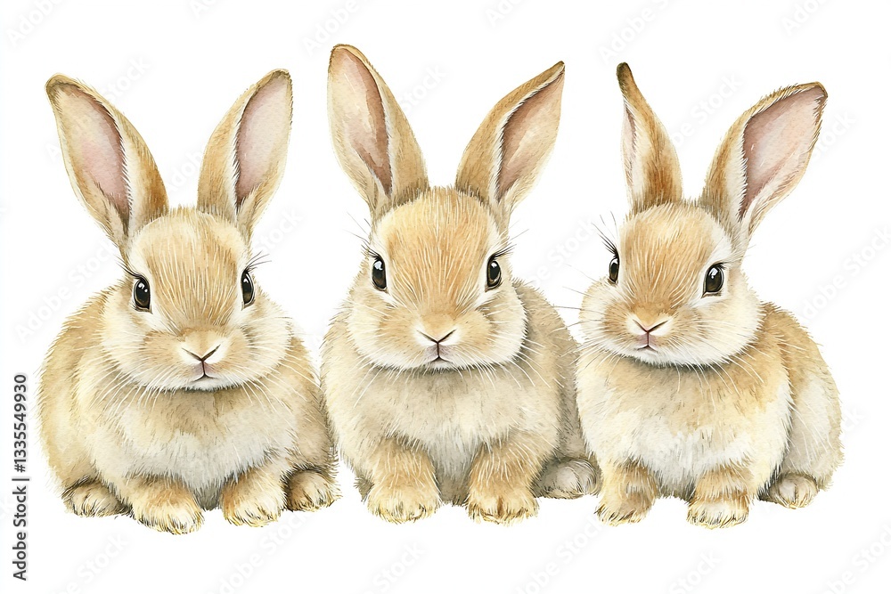 Poster charming illustration of three fluffy bunnies with endearing expressions sitting together in a delig