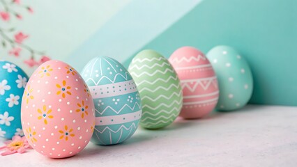 Fototapeta premium Pastel Easter Eggs In A Row, A Delightful Springtime Celebration With Soft, Light Background And Subtle Floral Hints