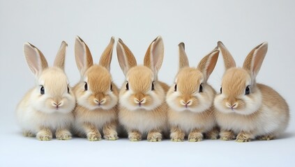 Charming Lineup of Five Delightful Bunnies with Soft Fur Sitting Together on Light Background : Generative AI