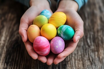 Hands holding a vibrant collection of colorful Easter eggs on wooden background : Generative AI