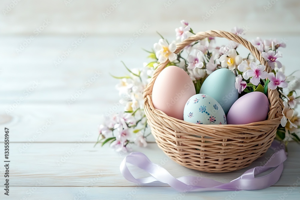 Poster delightful easter basket arranged with soft pastel eggs and blossoms for a spring setting : generati