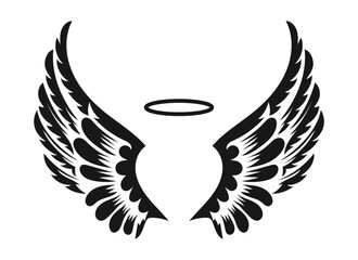 Black angel wings with a halo. SVG file for wood cutting, vinyl cutting, stencil making, stickers, tattoos, decorative elements, engraving, laser cutting, DIY projects, and artistic design