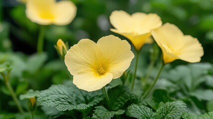 Fototapeta premium Pale Yellow Flowers with Sparkling Petals and Lush Green Foliage