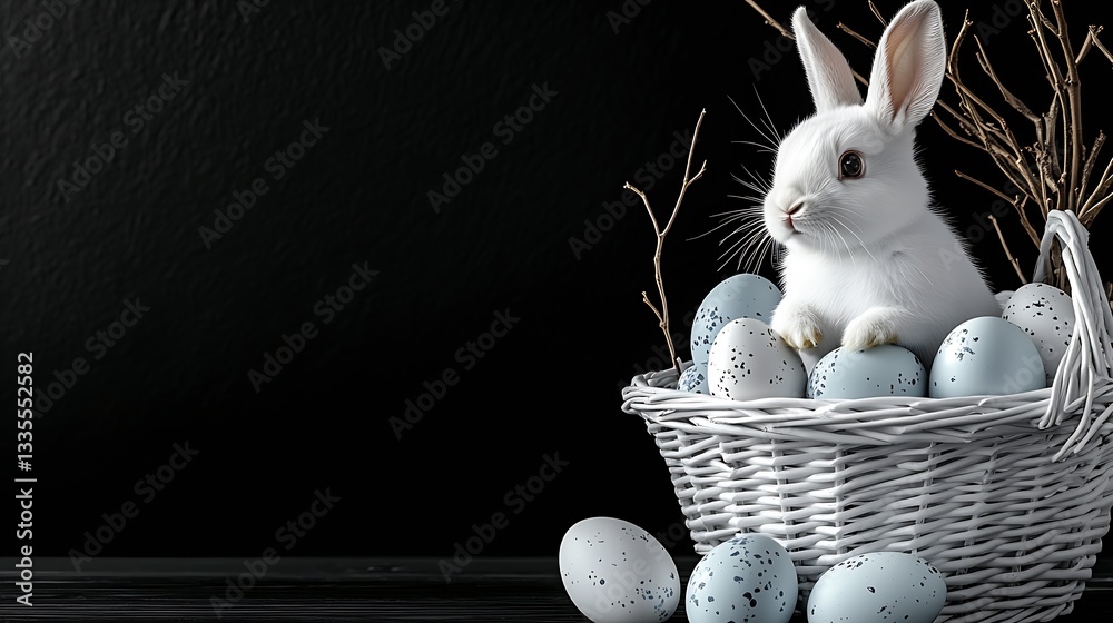 Poster adorable white rabbit sitting in a basket with pastel colored eggs on dark background : generative a