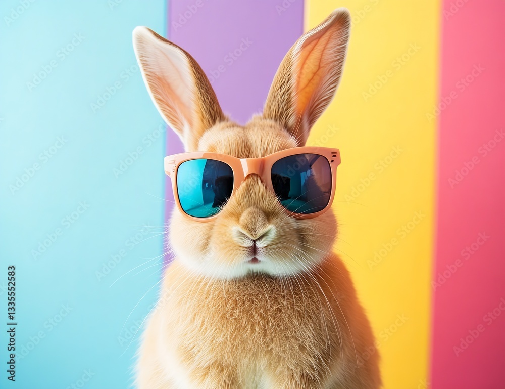 Poster trendy bunny wearing stylish sunglasses against a vibrant colorful background for a playful effect :