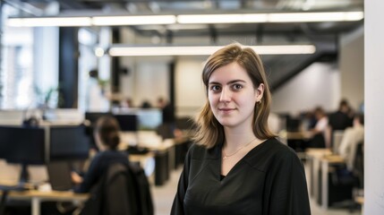 Fototapeta premium Young Woman Confidently Engages in Her Modern Workplace During a Busy Day of Productivity