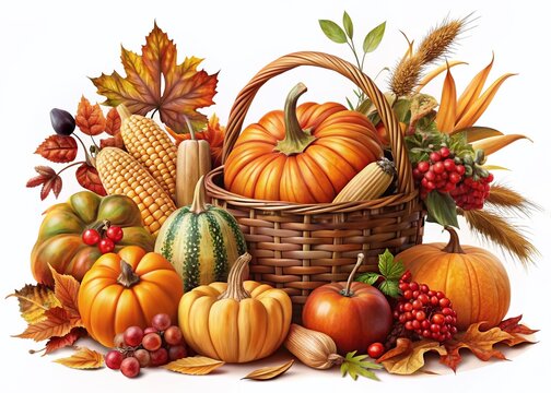 autumn harvest pumpkins, basket, leaves, corn clip art preview