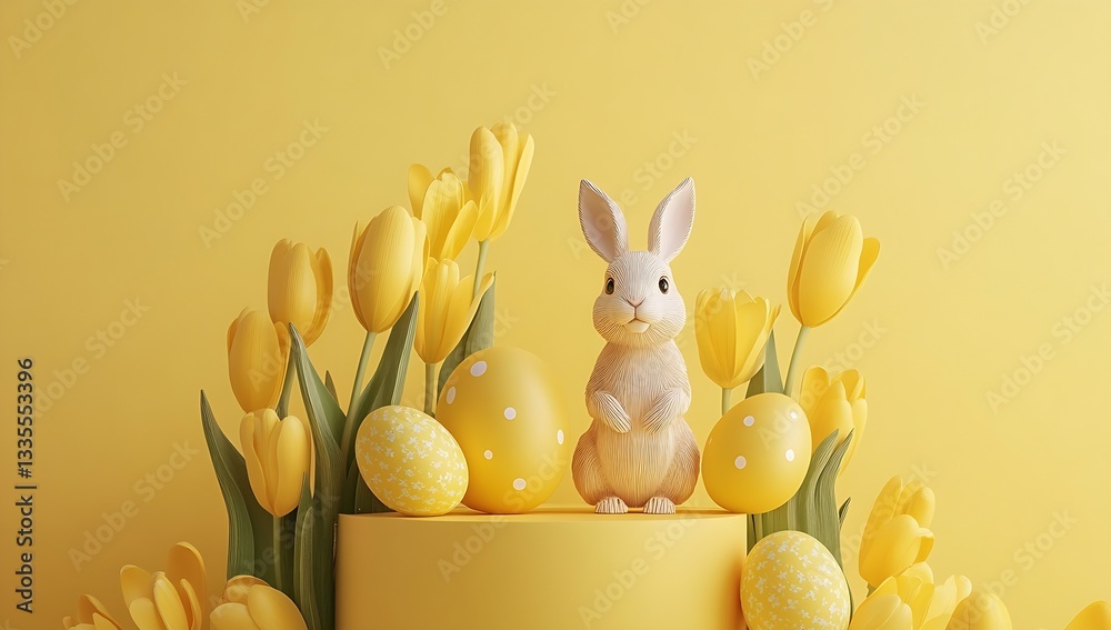Poster charming easter bunny surrounded by bright tulips and colorful eggs in a vibrant yellow setting : ge