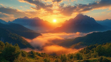 Majestic sunset over misty mountain valley (1)