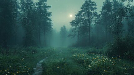 Fototapeta premium Misty forest path at night under a full moon (1)
