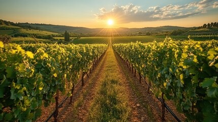 Fototapeta premium Sunset vineyard rows, golden hour, tranquil farmland, harvesting season