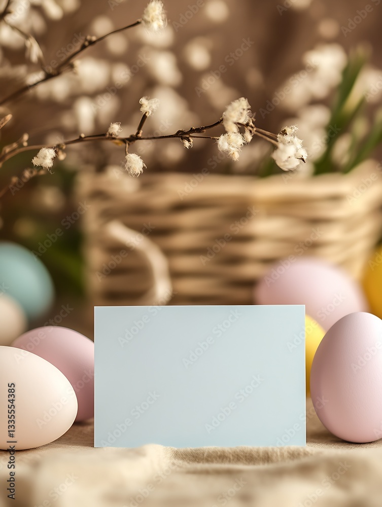 Leinwandbilder pastel easter decor with blank card and colored eggs on a rustic table setting : generative ai