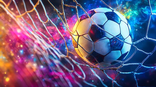 A Soccer Ball Lands in a Net Against a Colorful Background - Powered by Adobe