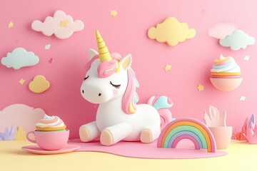 A cute unicorn surrounded by decorative clouds and colorful objects