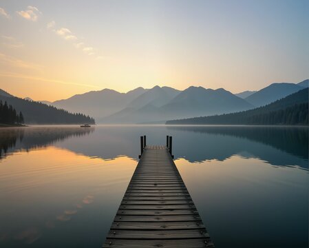 A serene lake at sunrise, with a wooden dock extending into calm waters, surrounded by misty mountains and a tranquil atmosphere.