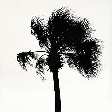 Silhouette of a palmetto tree swaying in the breeze and white background