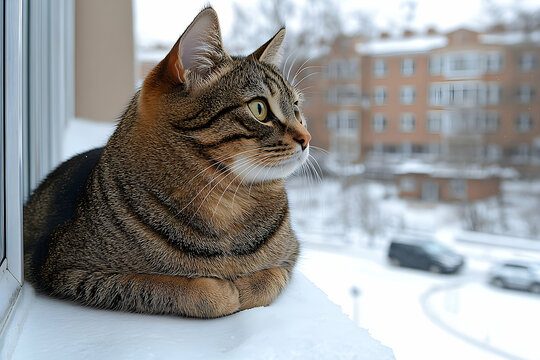 Tabby Cat on Snowy Windowsill, City View