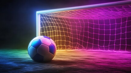 A glowing football sits near a vibrant goal net in grass