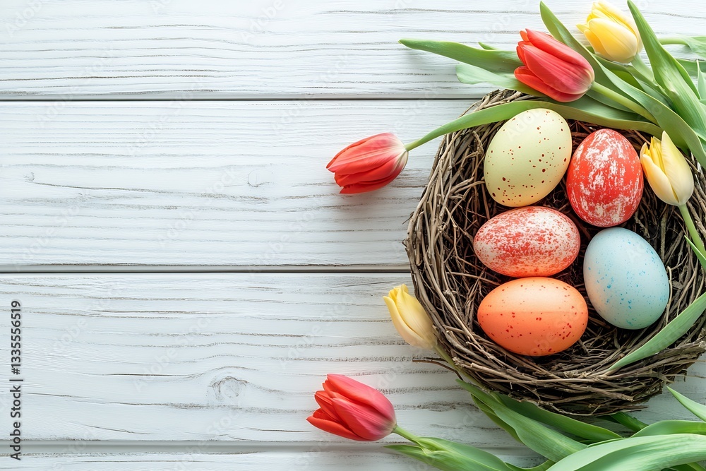 Aufkleber beautifully decorated easter eggs surrounded by spring tulips in a nest : generative ai