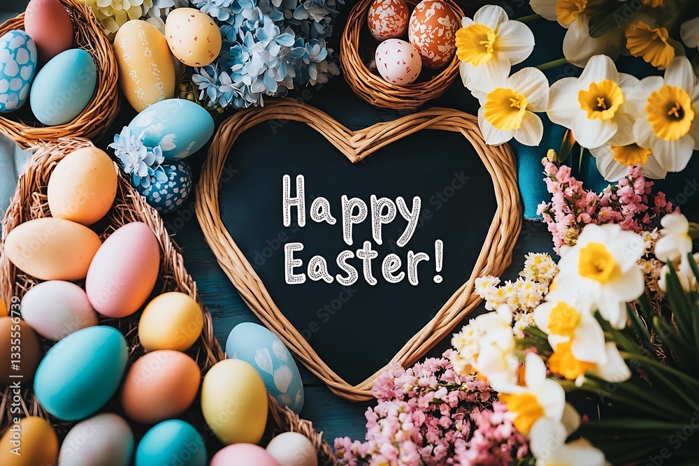Poster Charming Easter Display with Vibrant Eggs and Fresh Flowers Arranged in Nesting Baskets : Generative AI