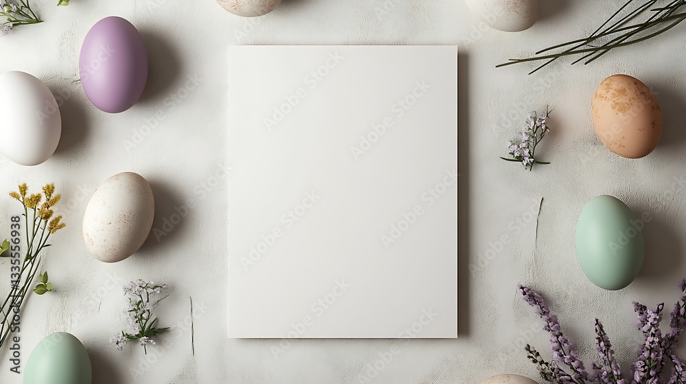 Poster Vibrant display of Easter eggs in varying hues surrounding a blank space perfect for custom spring-themed artwork : Generative AI
