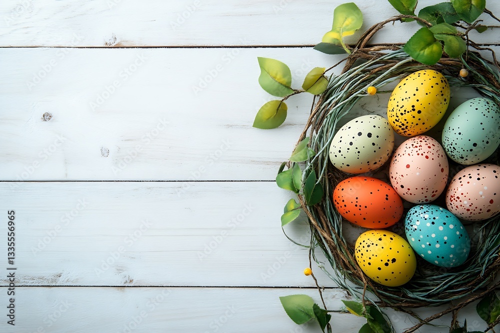 Aufkleber vibrant easter eggs nestled in a natural nest with greenery creating a stunning spring decoration : 