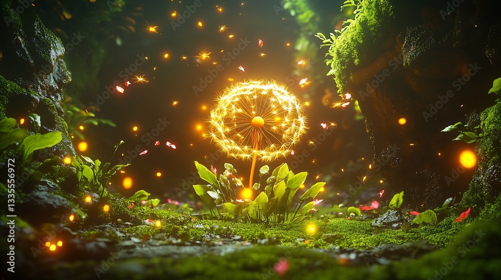 Aufkleber radiant dandelion surrounded by vibrant greenery in a mystical forest illuminated by magical lights 