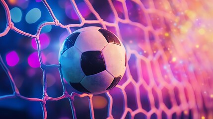 Fototapeta premium A Soccer Ball Perfectly Positions Inside A Goal Net