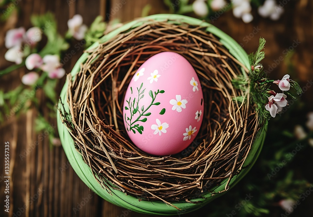 Poster charming pink easter egg with floral designs nestled in a cozy twig nest on a rustic wooden surface 