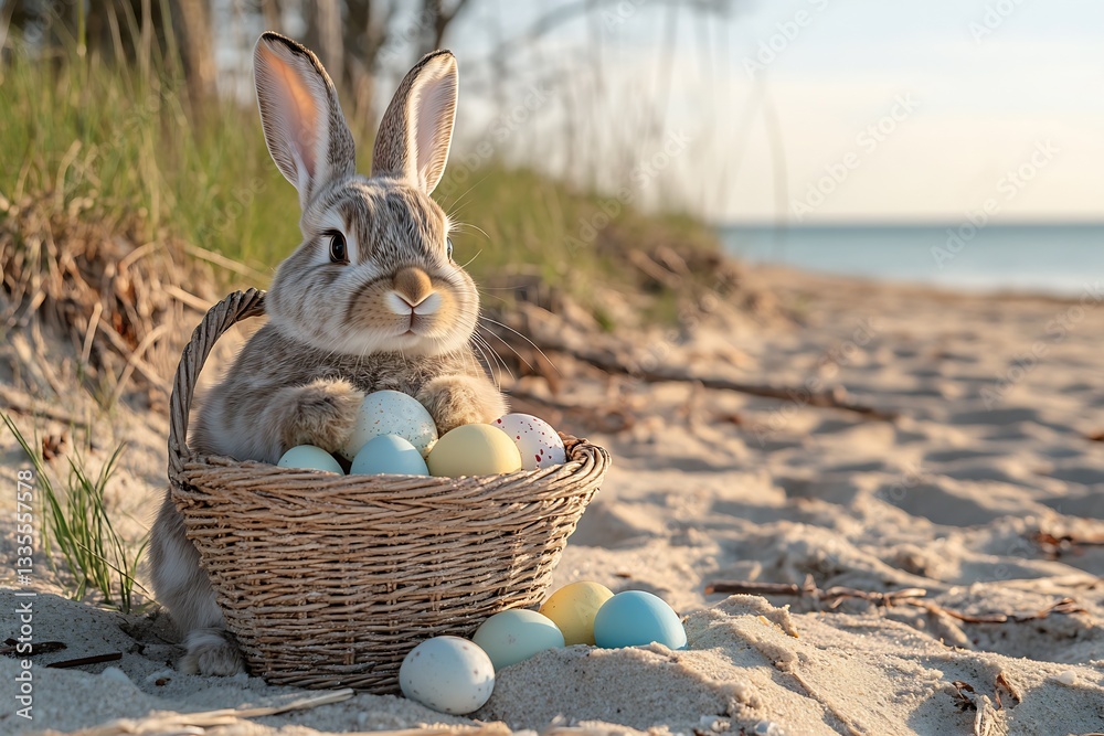 Poster warm beach atmosphere with a fluffy bunny and brightly colored eggs creating a festive ambiance : ge