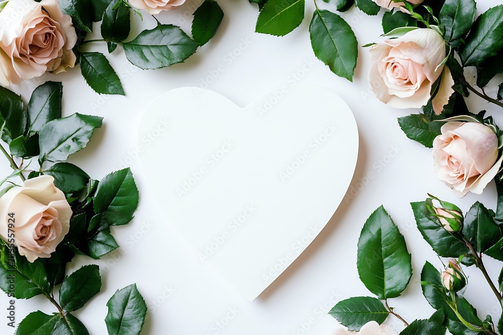 Poster lovely layout of soft pink roses and rich green leaves surrounding a heart shaped blank card on a cl