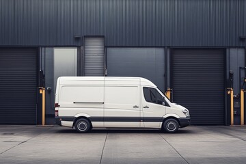 White delivery van at an industrial warehouse loading dock ready for branding mock up photo