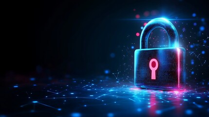 Glowing digital padlock on dark tech background.