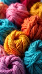 Soft wool yarn skeins, various colors, knitting needles , craft project, background