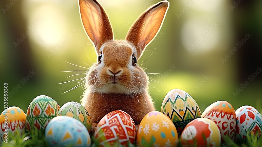 Aufkleber adorable fluffy rabbit surrounded by colorful decorated easter eggs in a vibrant outdoor setting : g