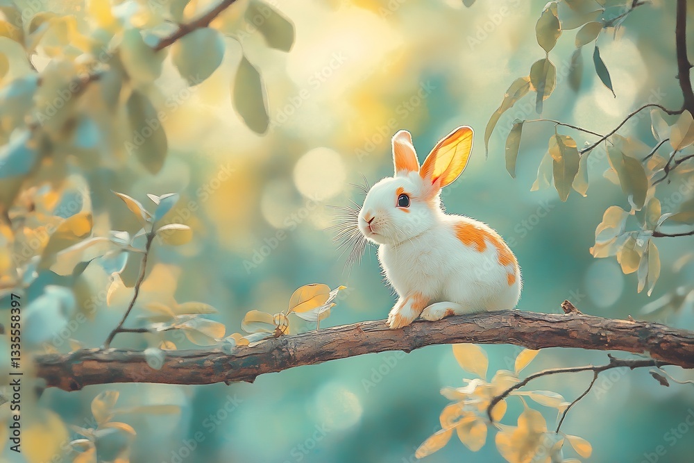 Aufkleber Charming little rabbit with orange spots sitting gracefully on a branch surrounded by colorful foliage in a serene setting : Generative AI