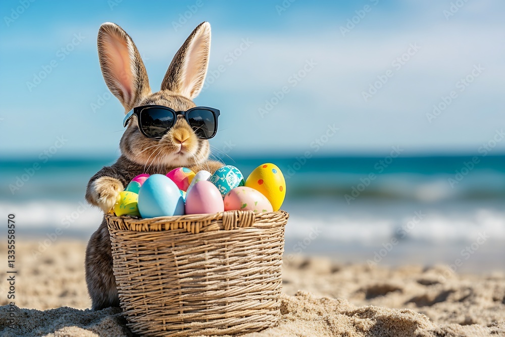 Poster cute rabbit in sunglasses enjoying a sunny day at the beach with a basket full of colorful easter eg