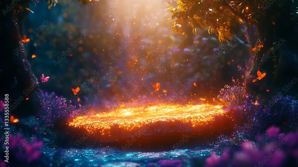 Poster enchanting butterflies fluttering around glowing lava stone in a magical forest setting with bloomin