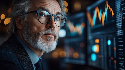 Mature man focused on data