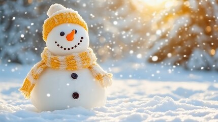 Cheerful snowman in snowy winter scene.