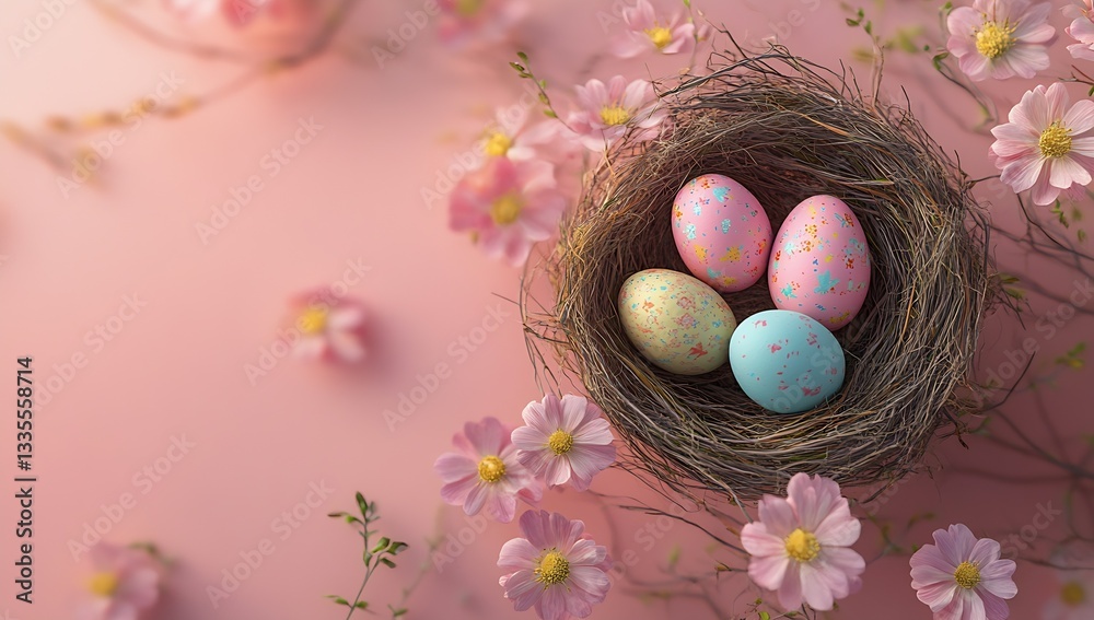 Aufkleber an adorable display of pastel easter eggs resting in a festive nest surrounded by gentle pink flower