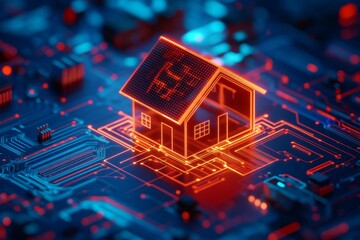 Digital hologram of a smart home on a circuit board with data connection in a blue background