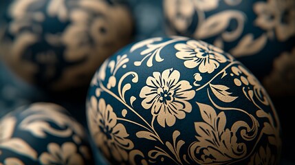 Close-Up View of Beautifully Decorated Easter Eggs with Delicate Floral Patterns on a Dark Surface : Generative AI