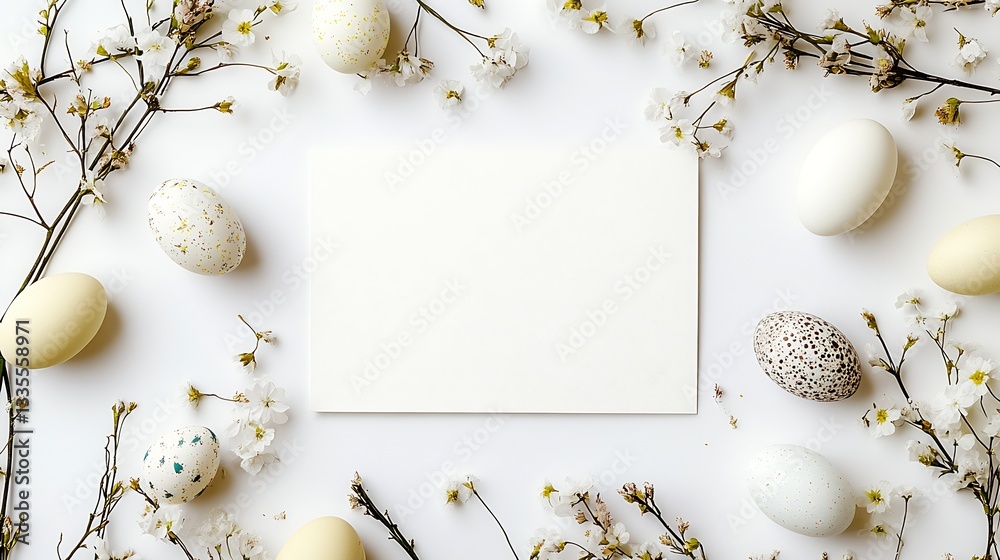 Aufkleber elegant easter arrangement featuring white and speckled eggs with charming blossoms on a pristine su